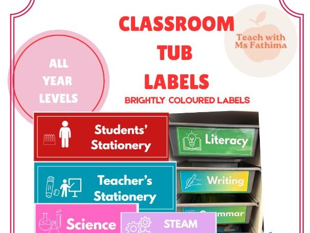 Large Bright Tub Labels –  Keep your classroom neat and organised.
