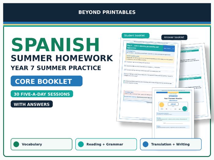 Spanish Summer Homework Booklet: Year 7 Summer Practice Core with Answers