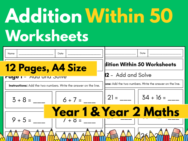 Addition Within 50 Worksheets | Add and Solve | Year 1 & Year 2 Maths