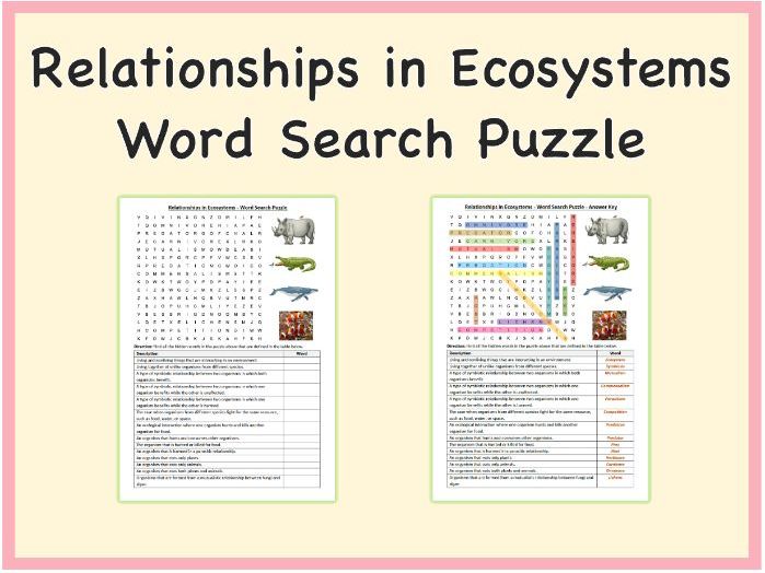 Relationships in Ecosystems - Word Search Puzzle Worksheet Activity, Printable PDF