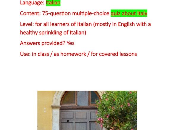 107-question Quiz about Italy for learners of all ages/stages, multiple-choice, answers provided.