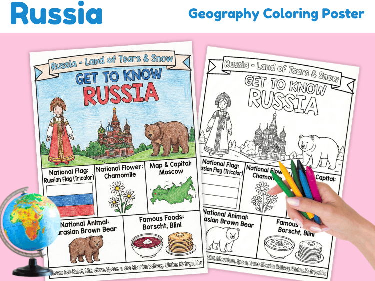 Russia Geography Coloring Poster | Country Facts & Map Worksheet