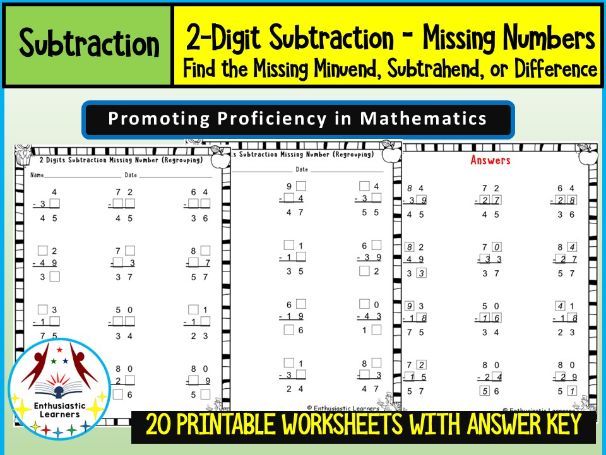 2-Digit Subtraction – Missing Numbers  Find the Missing Minuend, Subtrahend, or Difference Worksheet