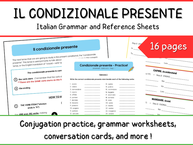 Italian Condizionale Presente Verbs - Grammar Worksheets + Reference + Activity