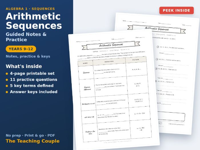 Arithmetic Sequences Guided Notes & Practice + Answer Keys