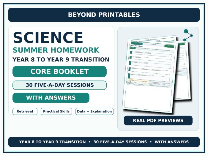 Science Summer Homework Booklet — Year 8 to Year 9 Transition — Core — With Answers