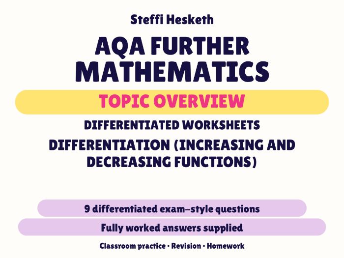 AQA Further Maths Increasing & Decreasing Functions | Topic Overview Differentiated Worksheet