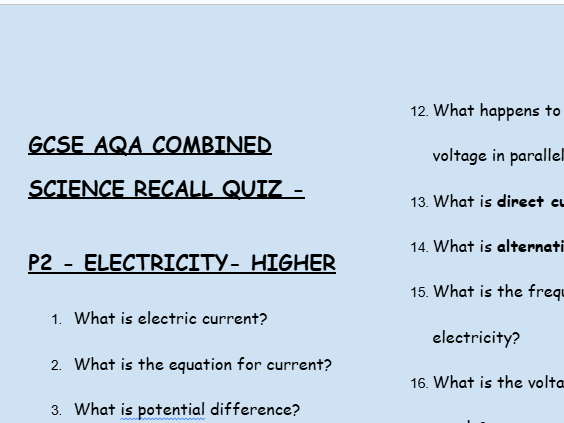 GCSE Physics P2 Electricity – 30 Higher Retrieval Questions | AQA | Low-Stakes Quiz + Answers