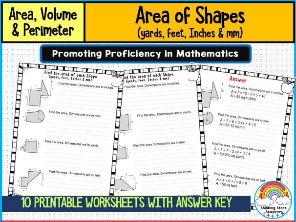 Find the Area of Each Shape (Yards, Feet, Inches & Millimeters) – Worksheets & Practice Activities