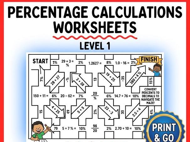 Percentage Calculations Maze Activity | Converting Percents Decimals Worksheet