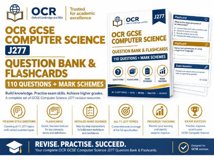 OCR GCSE Computer Science J277 Question Bank & Flashcards – 110 Questions + Mark Schemes
