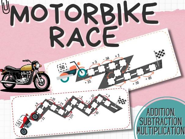 Motorbike Race Math Centers – Addition, Subtraction & Multiplication (24 cards | KS2)