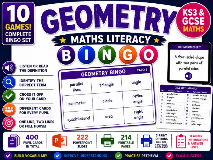Geometry Maths Literacy Bingo | KS3 & GCSE Vocabulary Retrieval | 10 Games
