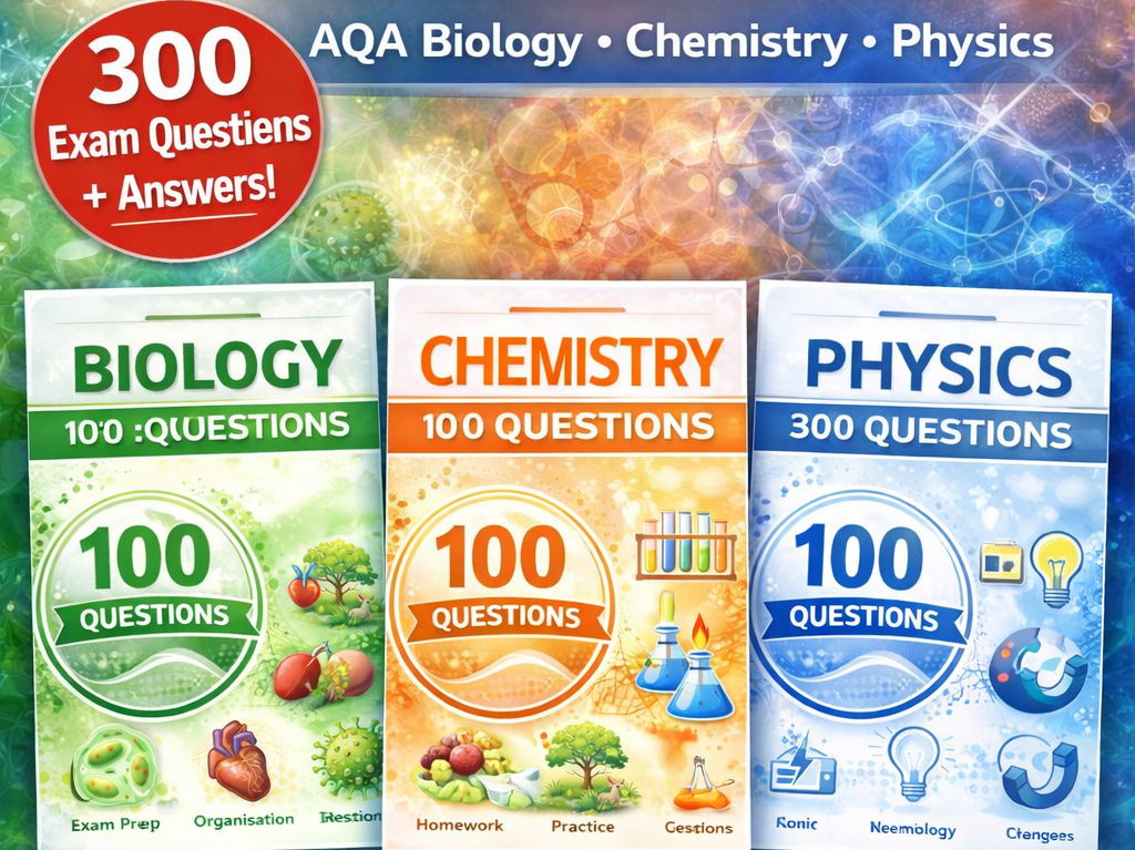 GCSE Science Revision Workbook Bundle – 300 Exam Questions + Answers | AQA Biology, Chemistry & Physics
