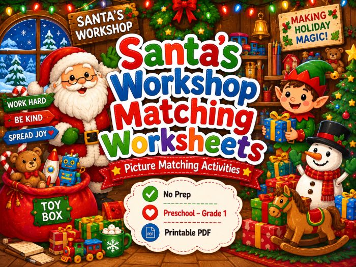 Santa’s Workshop Matching Worksheets | Christmas Activities | Preschool–Grade 1