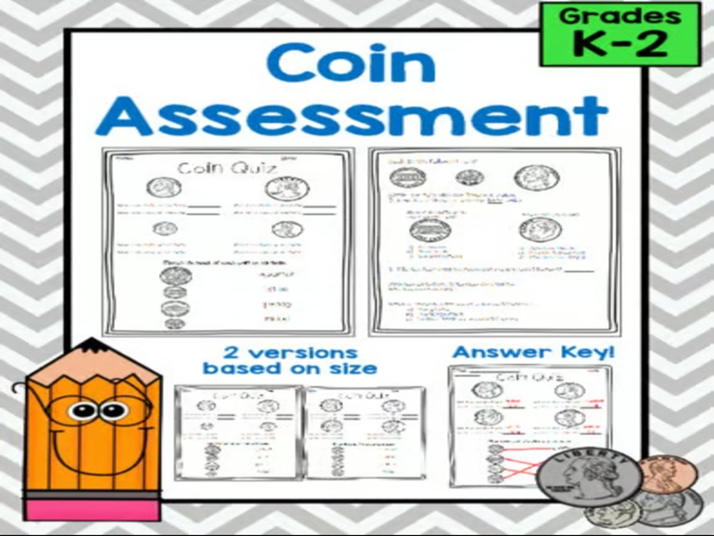 Coin Quiz Assessment, Match and Identify Quarter, Dime, Nickel, Penny