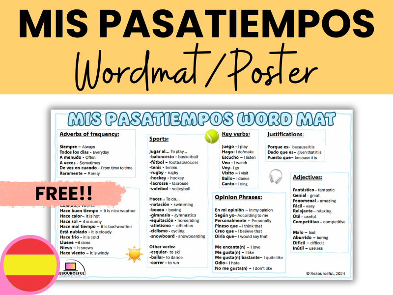 Spanish Free Time Pasatiempos Poster/Wordmat/Scaffolded Writing