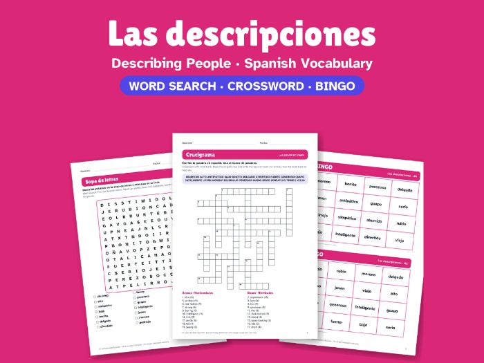 Describing People in Spanish: Word Search, Crossword & Bingo