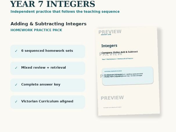 Year 7 Integers Homework & Answers