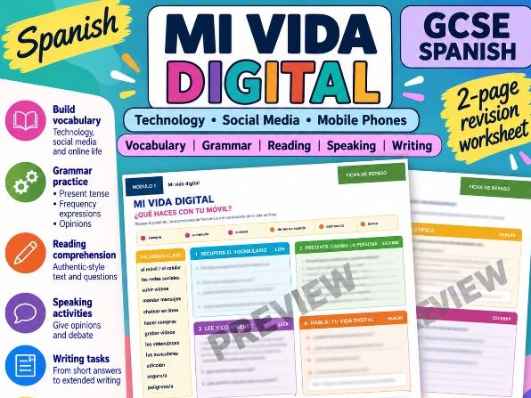 GCSE Spanish Technology & Social Media Revision Worksheet | Mi Vida Digital
