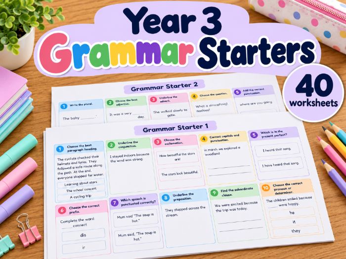 Year 3 Grammar Starters | 40 Mixed SPaG Worksheets with Answers | KS2