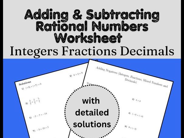 Adding & Subtracting Rational Numbers Worksheet | Integers Fractions Decimals