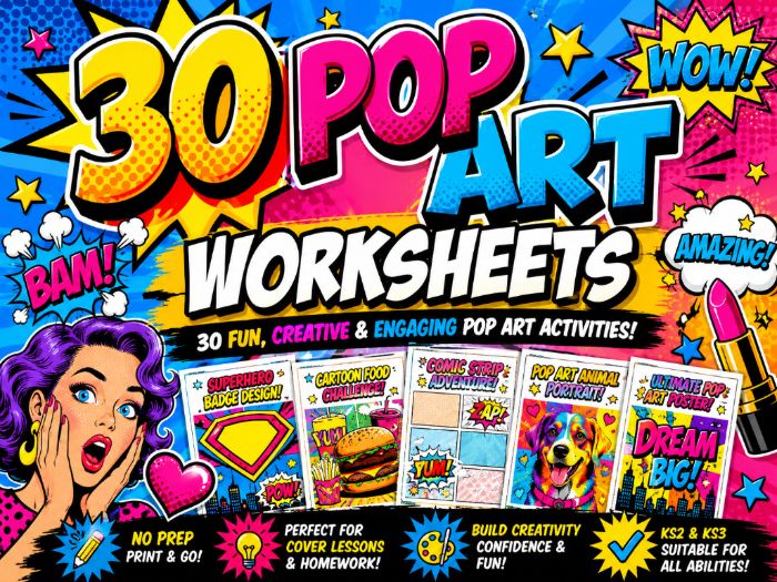 30 Pop Art Worksheets Bundle | KS2 KS3 Art Cover Lessons | Pop Art Activities Pack | No Prep Art