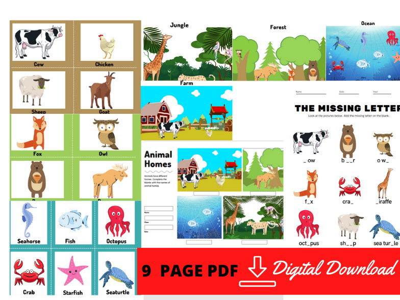 9 pages animals and its habitats flashcards,worksheets and illustrations for pre-schoolers