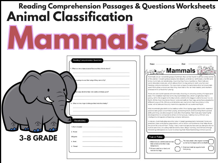Mammals Reading Comprehension Passages & Questions worksheet