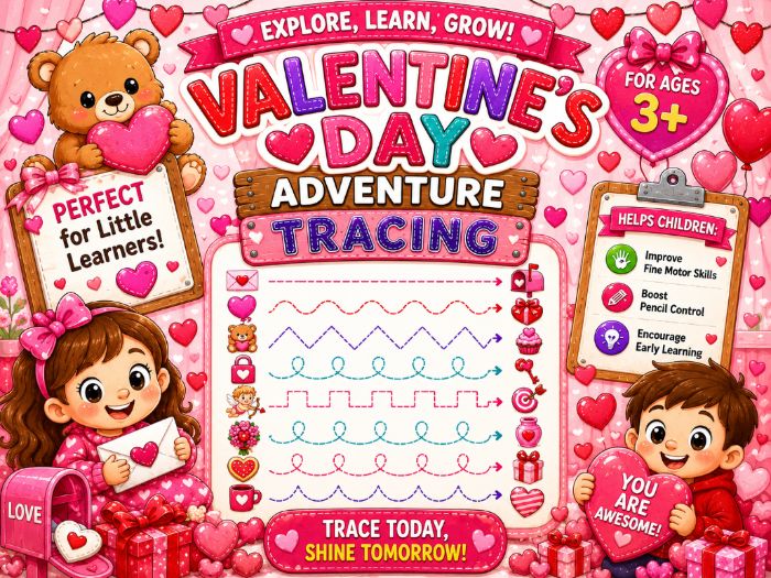 Valentine’s Day Tracing Worksheets | Fine Motor & Pre-Writing Activities | Preschool–Grade 1