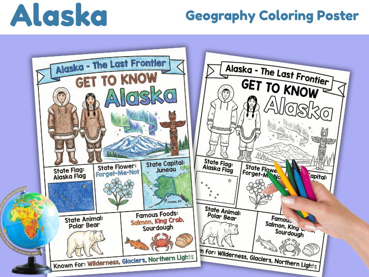 Alaska Geography Coloring Poster | State Facts & Symbols