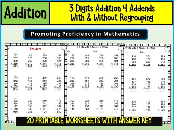 3 Digits Addition with 4 Addends with & without Regrouping Worksheets Math Problems