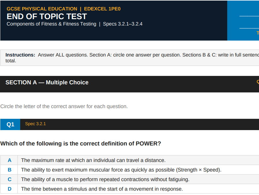 Components of Fitness & Fitness Testing | Edexcel GCSE PE | End of Topic Test