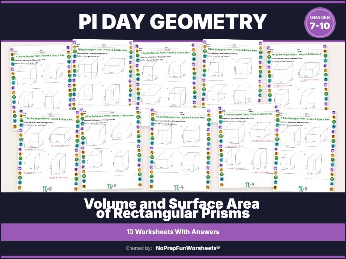 Pi Day Volume and Surface Area of Rectangular Prisms 10 Worksheets Geometry