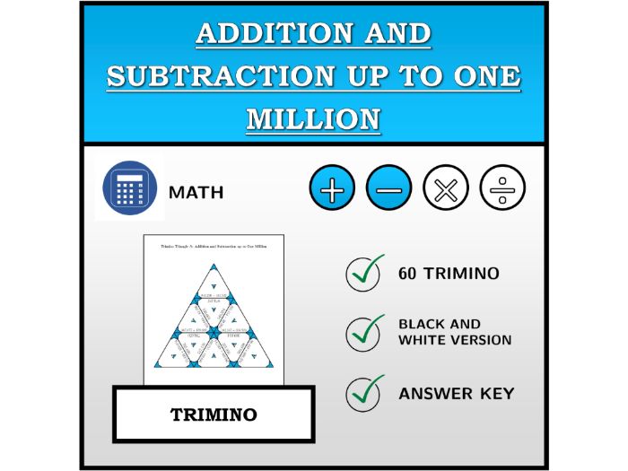 Trimino | Addition and Subtraction up to One Million | Math Activity
