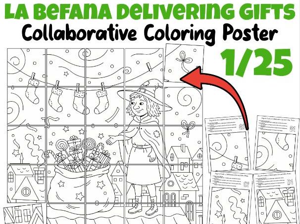 La Befana Delivering Gifts Collaborative Poster | Italian Holiday Coloring Art