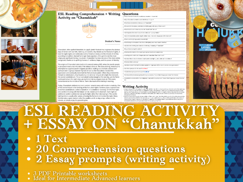 ESL Reading Comprehension + Writing Activity Worksheets on "Chanukkah"