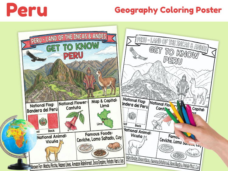 Peru Geography Coloring Poster | Country Facts & Landmarks