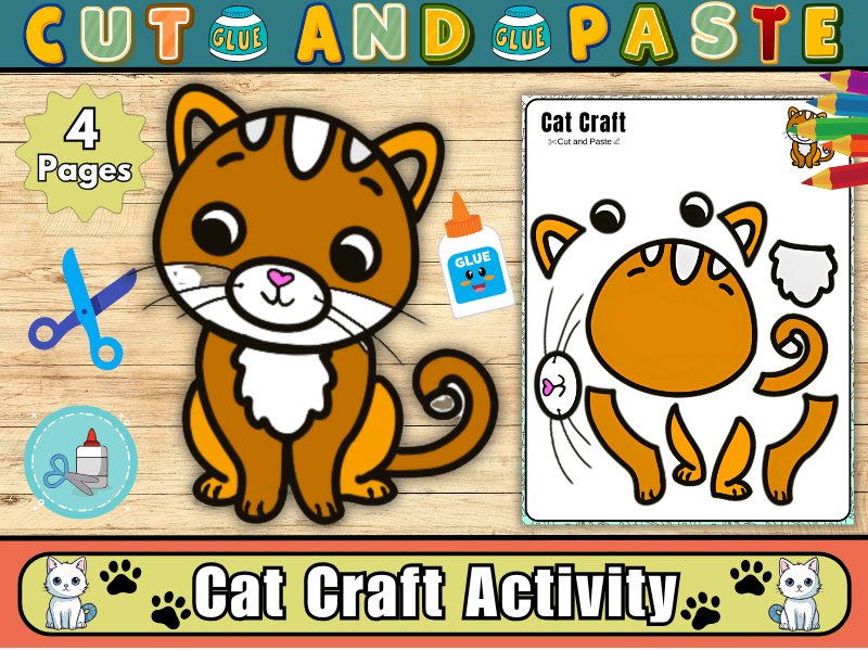Cat Craft Activity – Printable Cut and Paste Animal Craft for Kids-Pet Animsl Craft Activity