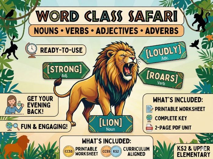 Parts of Speech & Word Classes Safari Worksheet: Nouns, Verbs, Adjectives, Adverbs KS2 & Elementary
