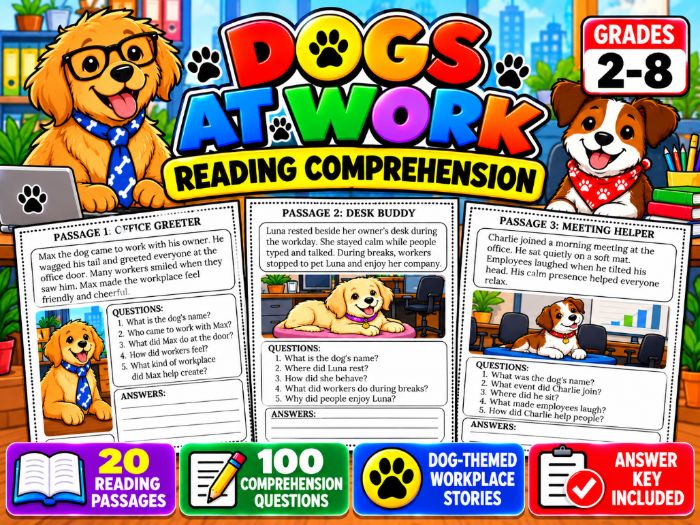 Dogs at Work Reading Comprehension | 20 Passages & 100 Questions | Grades 2–8