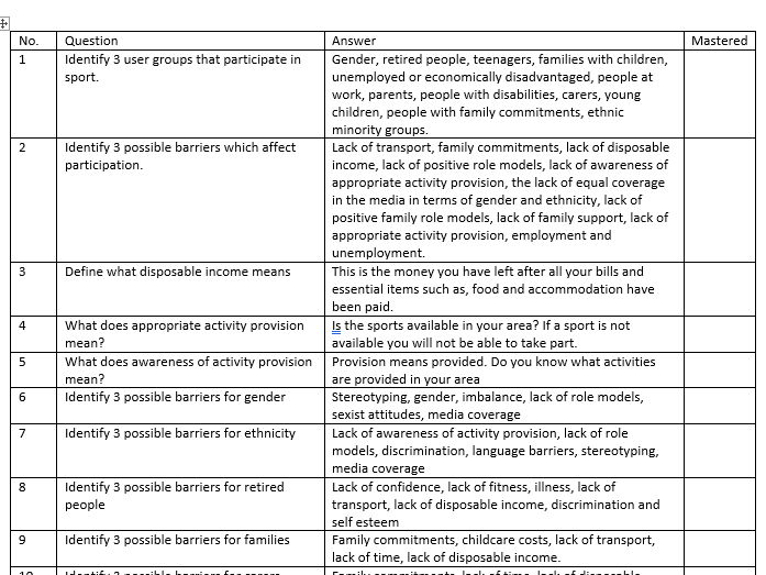 Exam question and answer Booklet - OCR Sport Studies