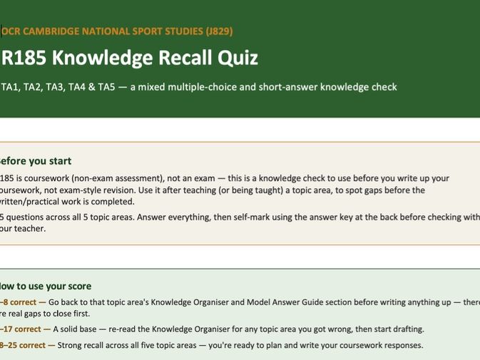 R185 Knowledge Recall Quiz: TA1–TA5 | OCR Cambridge National Sport Studies (J829)