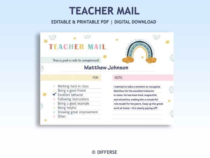 Note From Teacher | Teacher Note Home | Teacher Mail | Positive Note Home