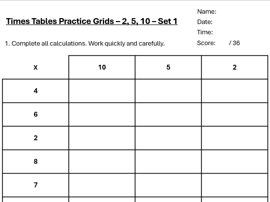 Times Tables Grids (2, 5, 10) - Sets 1-12