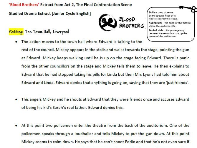'Blood Brothers'  Revision,  Junior Cycle English, 3rd Year, Act 2 Key Moment & Exam Questions