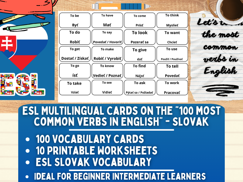 ESL Multilingual Vocabulary Flashcards - 100 most common verbs - Slovak