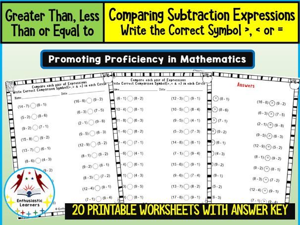 Comparing Expressions (Greater Than, Less Than, or Equal To) – Write the Correct Symbol >, 