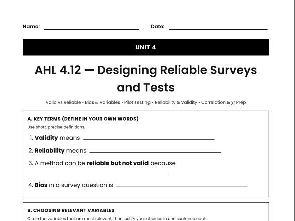 IB Math AI Worksheet AHL 4.12 - Designing Reliable Surveys and Tests
