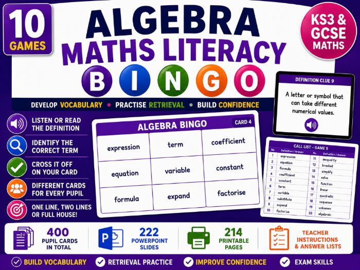 Algebra Maths Literacy Bingo | KS3 & GCSE Vocabulary Retrieval | 10 Games